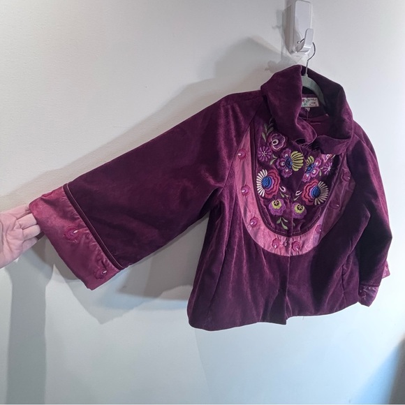 SISSY ME Sz L Velour Jacket with Floral Embroidery 3/4 Sleeves Puffed Collar NEW - Picture 4 of 12